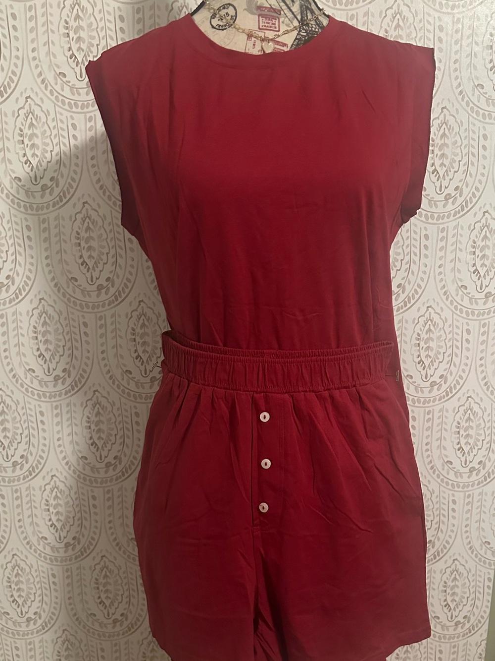 Amazon Women’s Red Casual Button-Front Shorts Set